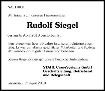 Traueranzeige von Rudolf Siegel 