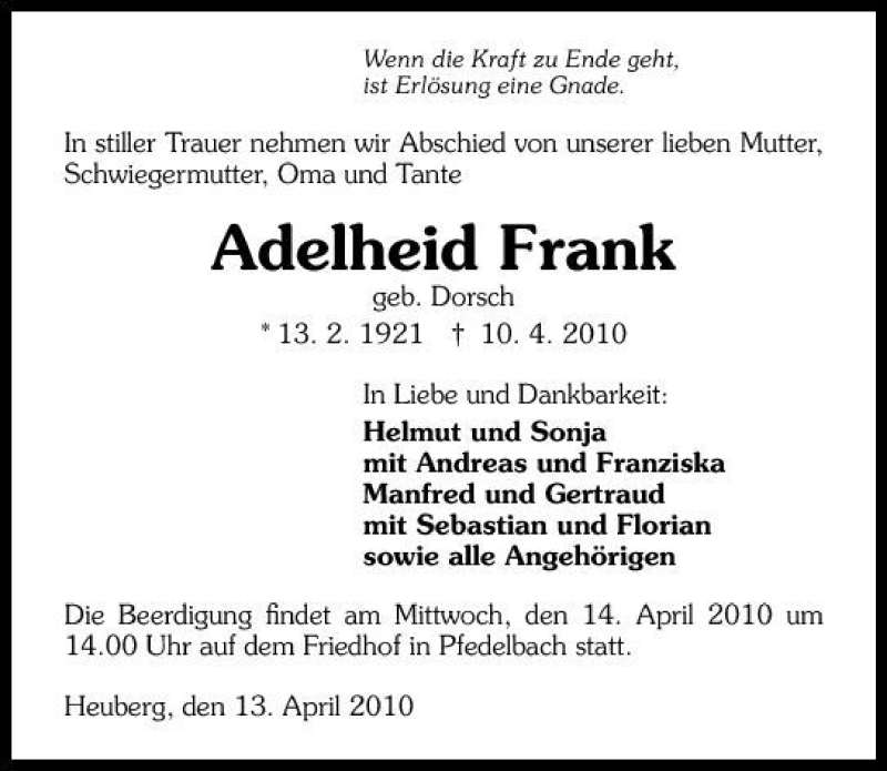  Traueranzeige für Adelheid Frank vom 13.04.2010 aus 
