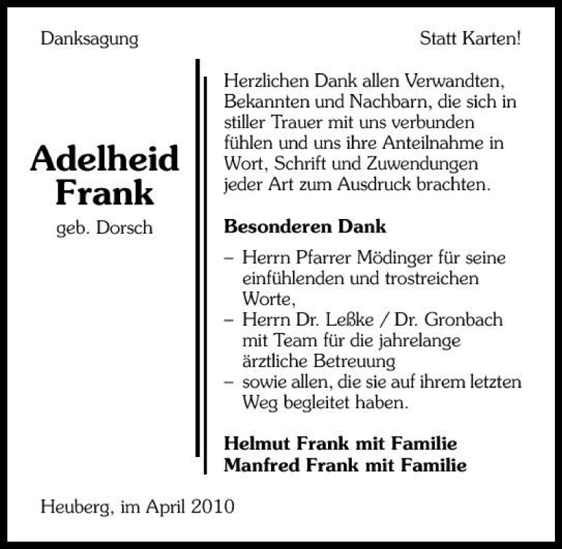  Traueranzeige für Adelheid Frank vom 27.04.2010 aus 