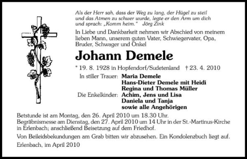  Traueranzeige für Johann Demele vom 24.04.2010 aus 