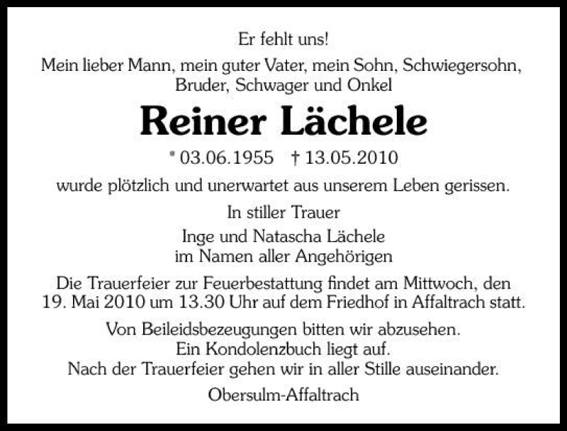  Traueranzeige für Reiner Lächele vom 15.05.2010 aus 