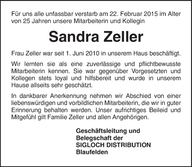  Traueranzeige für Sandra Zeller vom 26.02.2015 aus 