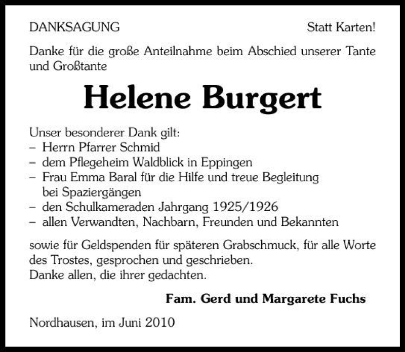  Traueranzeige für Helene Burgert vom 19.06.2010 aus 