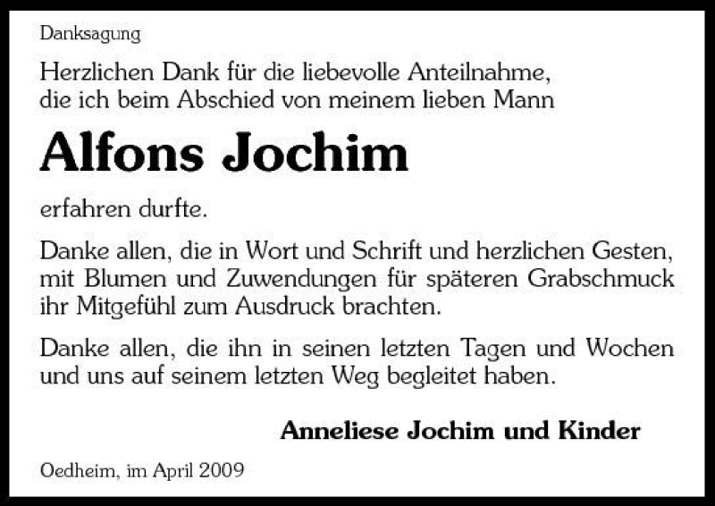  Traueranzeige für Alfons Jochim vom 11.04.2009 aus 