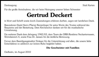Traueranzeige von Gertrud Deckert 