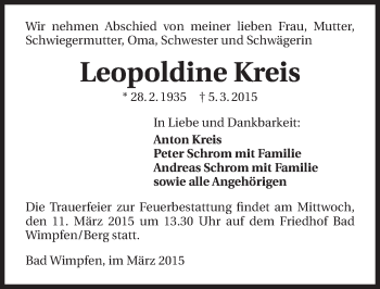 Traueranzeige von Leopoldine Kreis 