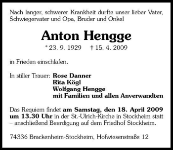 Traueranzeige von Anton Hengge 