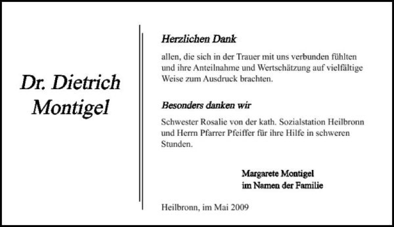  Traueranzeige für Dr. Dietrich Montigel vom 09.05.2009 aus 