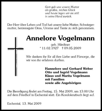 Traueranzeige von Annelore Vogelmann 