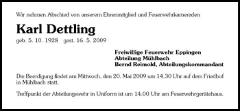 Traueranzeige von Karl Dettling 