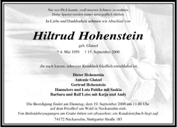 Traueranzeige von Hiltrud Hohenstein 