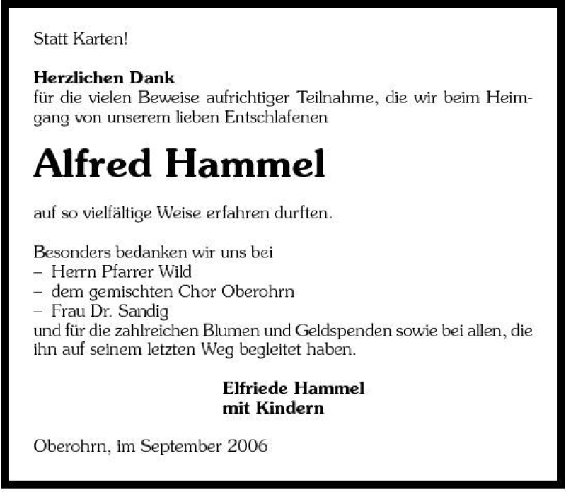 Traueranzeige für Alfred Hammel vom 27.09.2006 aus 