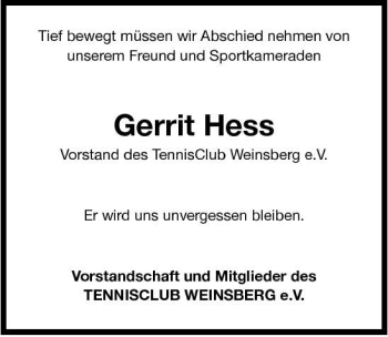 Traueranzeige von Gerrit Hess 