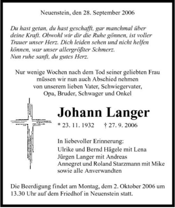 Traueranzeige von Johann Langer 