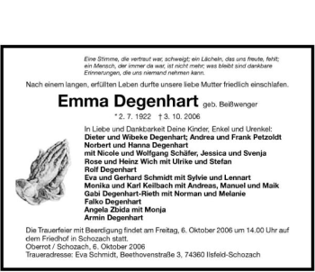 Traueranzeige von Emma Degenhart 