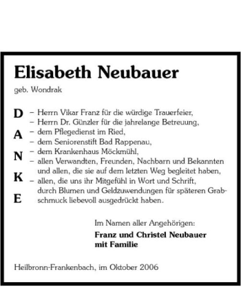 Traueranzeige von Elisabeth Neubauer 