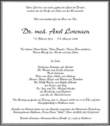Traueranzeige von Dr. med Axel Lorenzen 