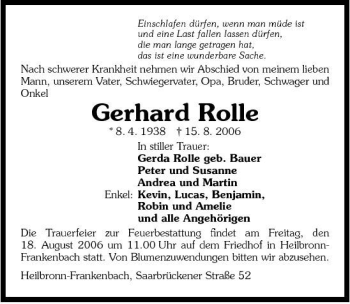 Traueranzeige von Gerhard Rolle 