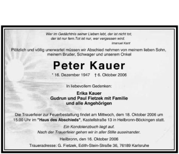 Traueranzeige von Peter Kauer 