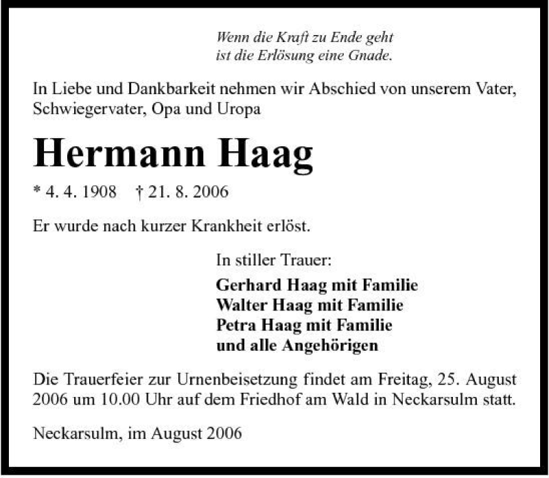  Traueranzeige für Hermann Haag vom 22.08.2006 aus 