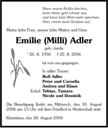 Traueranzeige von Emilie Adler 