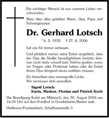 Traueranzeige von Dr. Gerhard Lotsch 