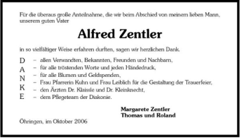 Traueranzeige von Alfred Zentler 