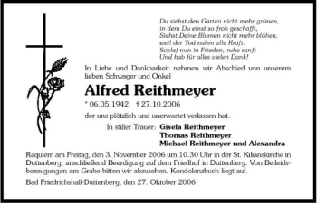 Traueranzeige von Alfred Reithmeyer 