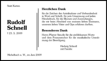 Traueranzeige von Rudolf Schnell 