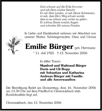 Traueranzeige von Emilie Bürger 