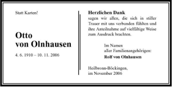 Traueranzeige von Otto von Olnhausen 