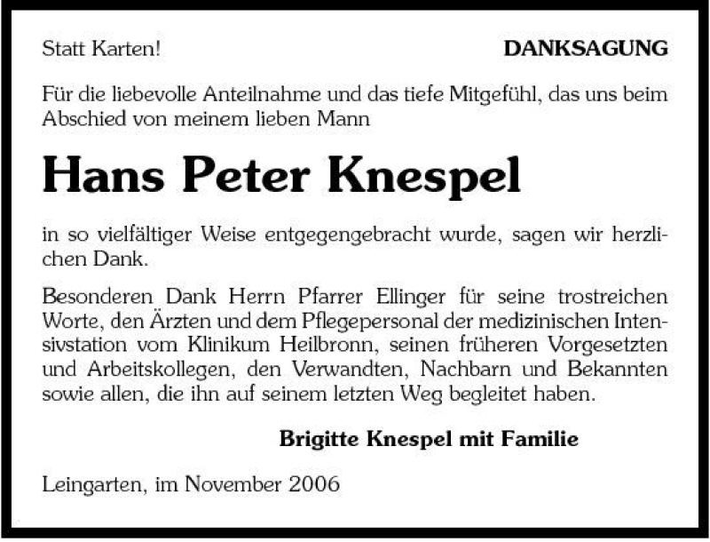  Traueranzeige für Hans Peter Knespel vom 22.11.2006 aus 