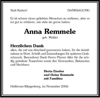 Traueranzeige von Anna Remmele 