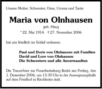 Traueranzeige von Maria von Olnhausen 