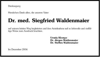 Traueranzeige von Dr.med. Siegfried Waldenmaier 