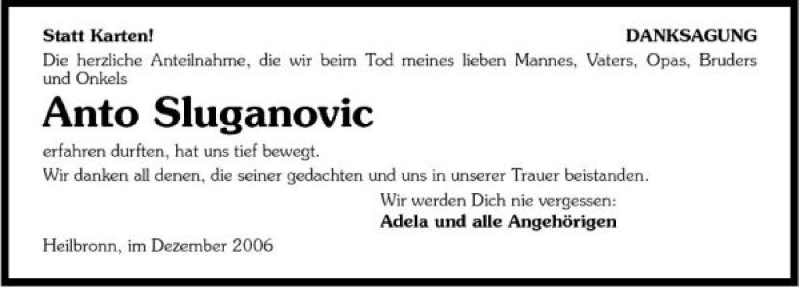  Traueranzeige für Anto Sluganovic vom 11.12.2006 aus 