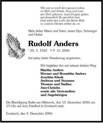 Traueranzeige von Rudolf Anders 