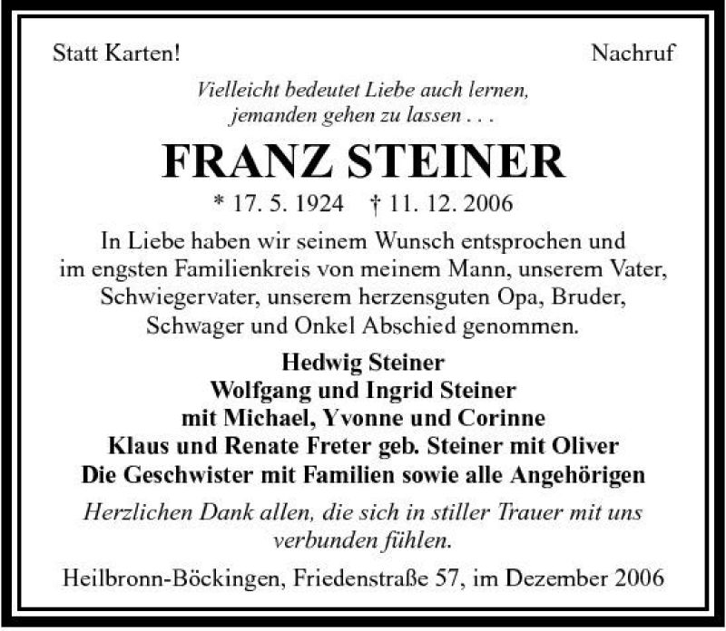  Traueranzeige für Franz Steiner vom 16.12.2006 aus 