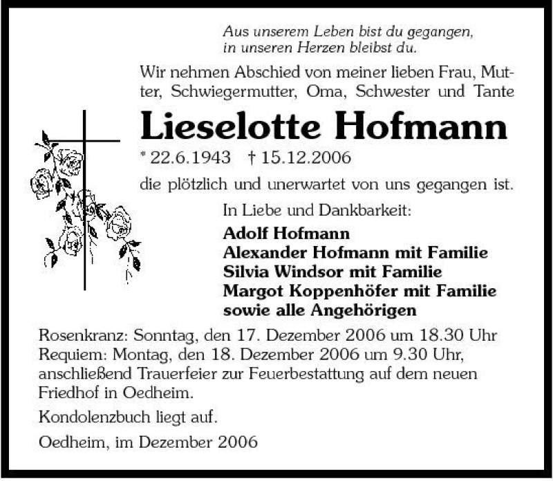  Traueranzeige für Lieselotte Hofmann vom 16.12.2006 aus 