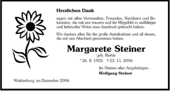 Traueranzeige von Margarete Steiner 
