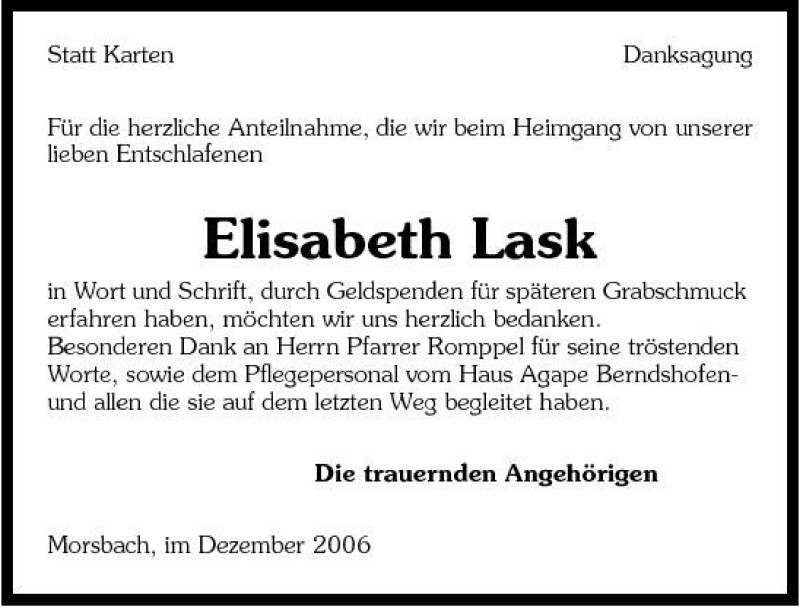  Traueranzeige für Elisabeth Lask vom 29.12.2006 aus 