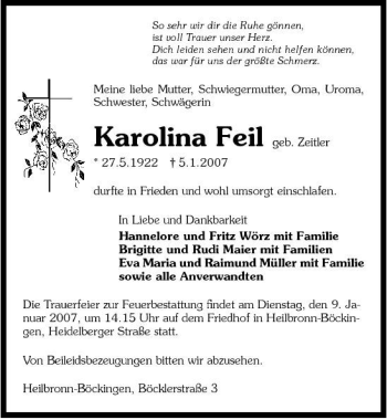 Traueranzeige von Karolina Feil 
