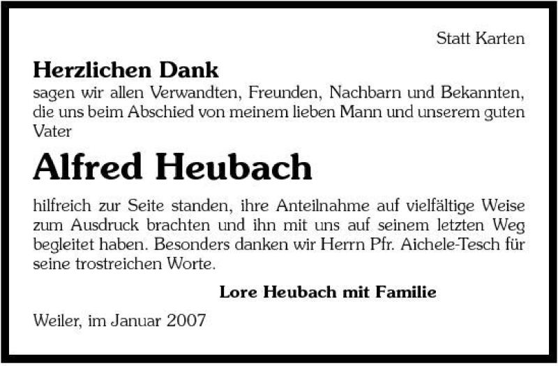  Traueranzeige für Alfred Heubach vom 10.01.2007 aus 