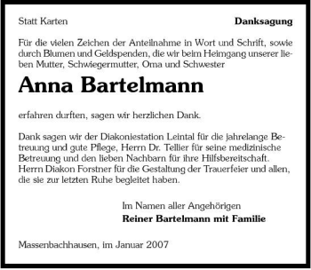 Traueranzeige von Anna Bartelmann 