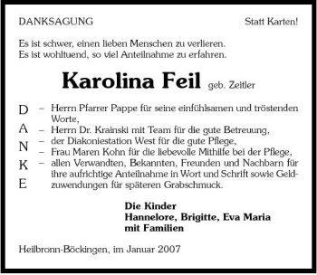 Traueranzeige von Karolina Feil 