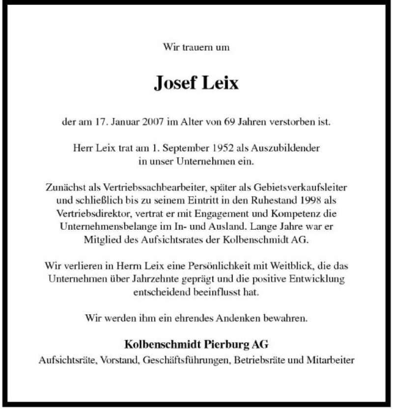  Traueranzeige für Josef Leix vom 20.01.2007 aus 