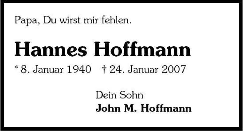  Traueranzeige für Hannes Hoffmann vom 26.01.2007 aus 