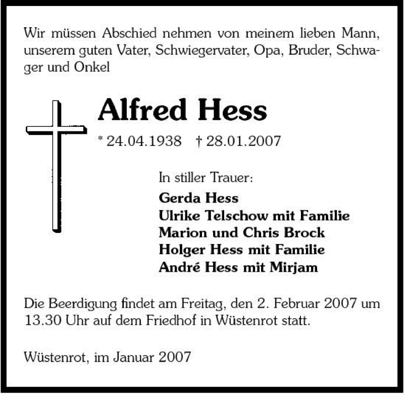  Traueranzeige für Alfred Hess vom 31.01.2007 aus 
