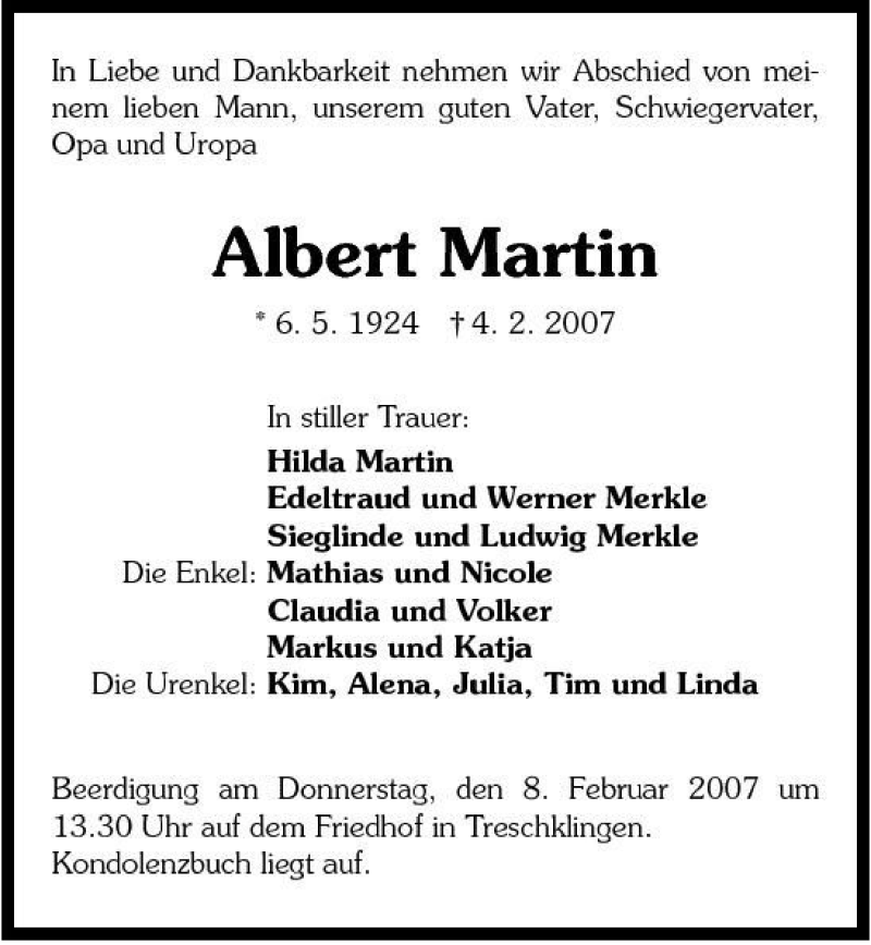  Traueranzeige für Albert Martin vom 07.02.2007 aus 