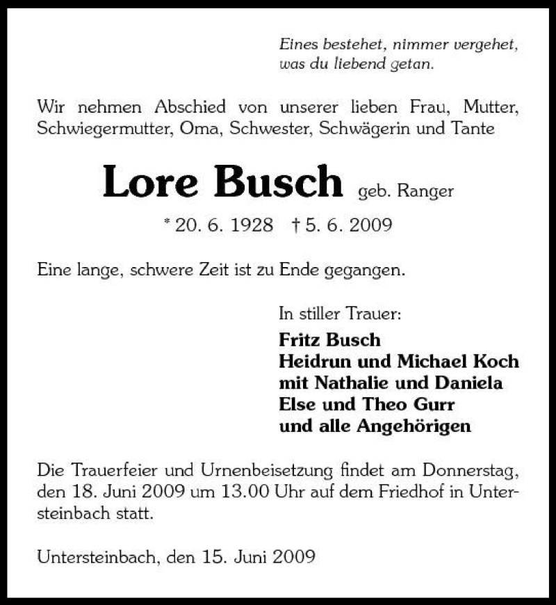  Traueranzeige für Lore Busch vom 15.06.2009 aus 